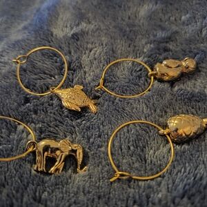 Gold Tone Animal & Tropical Wine Glass Charms Set 4 Elephant Monkey Turtle Fish